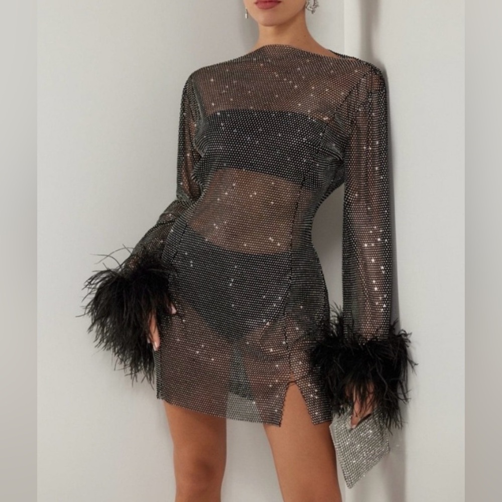 HEIRESS- BLACK CRYSTAL EMBELLISHED MESH MINI DRESS
